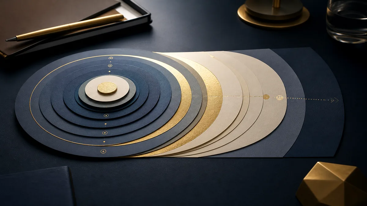 Conference table with printed historical spend bands and an attention scorecard, daylight, muted navy and warm gray