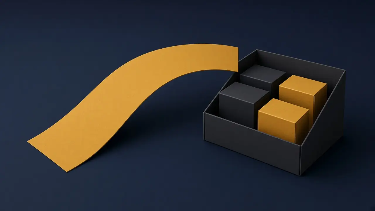 Amber paper arc approaching a charcoal tray of product boxes