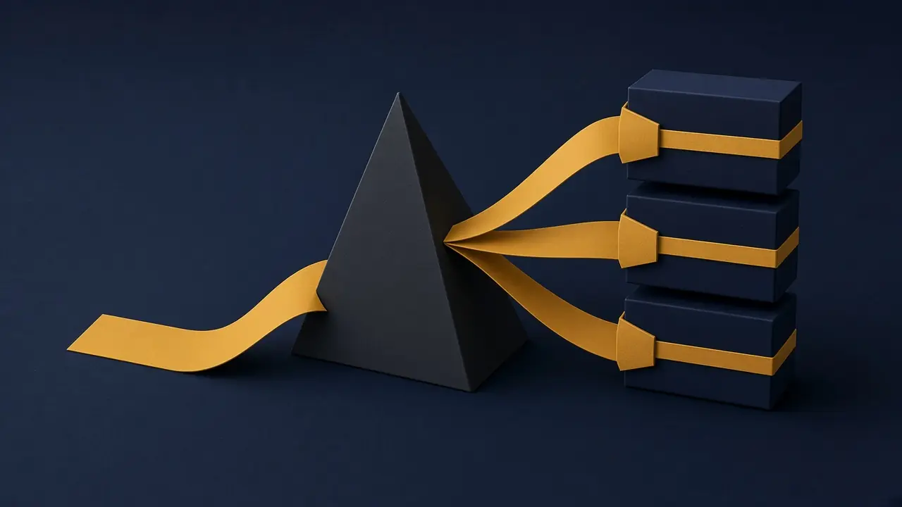 Charcoal prism splitting one amber ribbon into a stack of banded product boxes