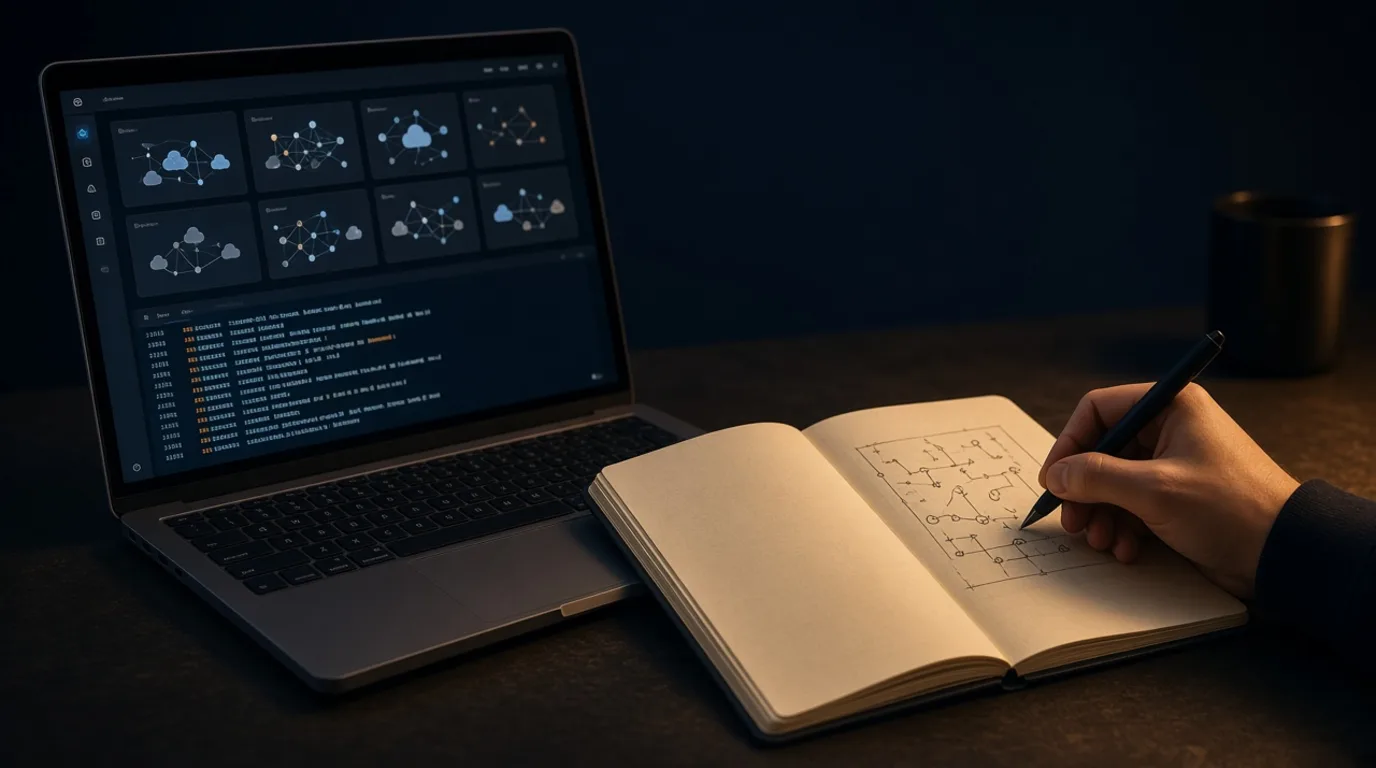 Laptop on a desk showing an abstract cloud console and a notebook, lit by a warm lamp.
